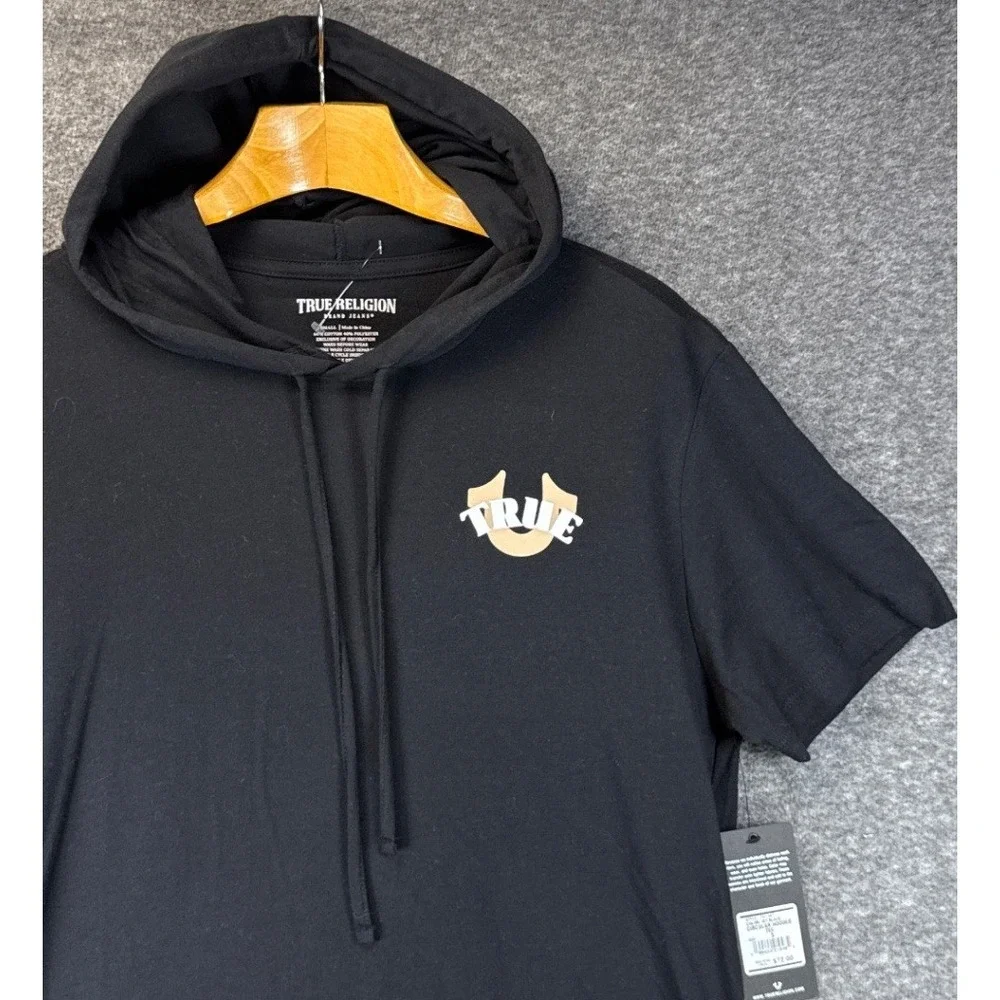 True Religion Circular Hooded Tee Men S Black NEW Buddha Guitar Graphic Pullover
